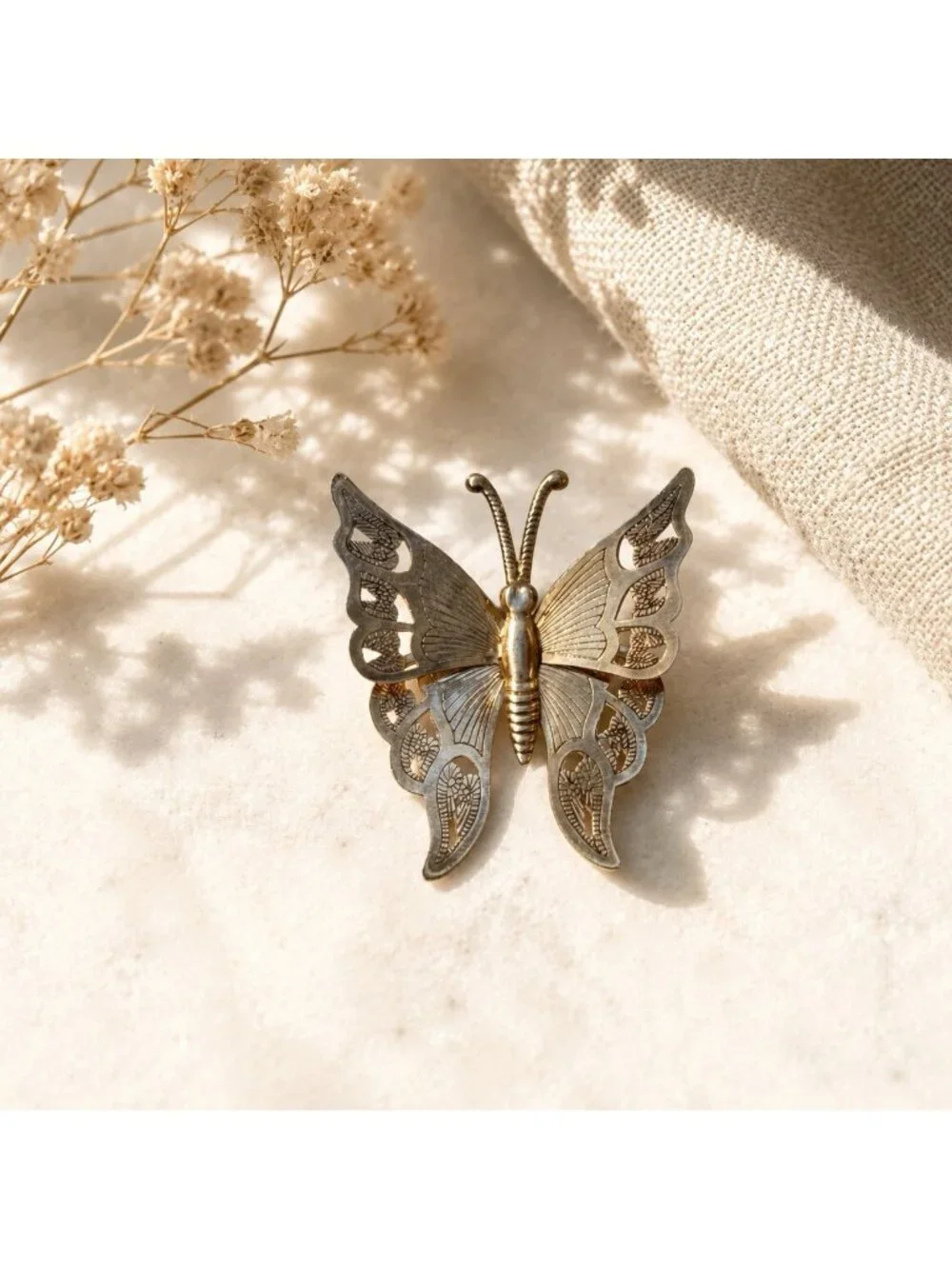 Vintage Silverplated Ornate Filligree Butterfly Brooch Pin Boho Fairy Magical